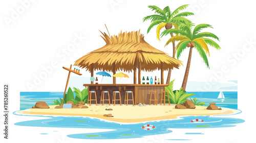 Tiki bar on shore of tropical lagoon. Cartoon summer