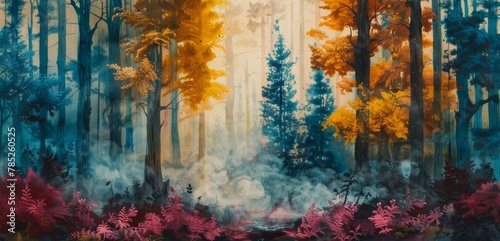A magical forest with trees turning CO2 into vibrant red leaves, underbrush in Naples Yellow, mist of Mint Cream, and a stream in Oxford Blue, representing life's vibrant cycles.