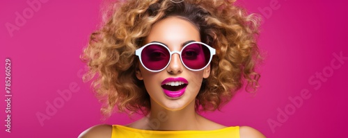 woman looking empty blank frame social media concept expression open mouth excited wearing sunglasses face portrait copy space photo background design happy photo