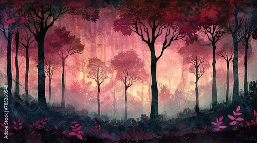 A mystical forest at twilight with hourglass-shaped trees in Hunter Green and Raspberry hues. Time merges with nature in this enchanting scene.