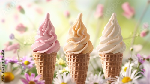 Three soft serve ice cream cones with a colorful floral background photo