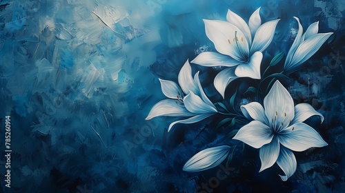 A dreamy painting of lilies in deep blue under the northern sky, blending dreams and reality in baby blue and coffee hues. Rich with whimsical charm.