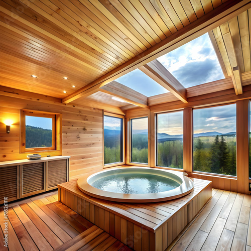 a hot tub is In a wooden house with a white ceilin photo