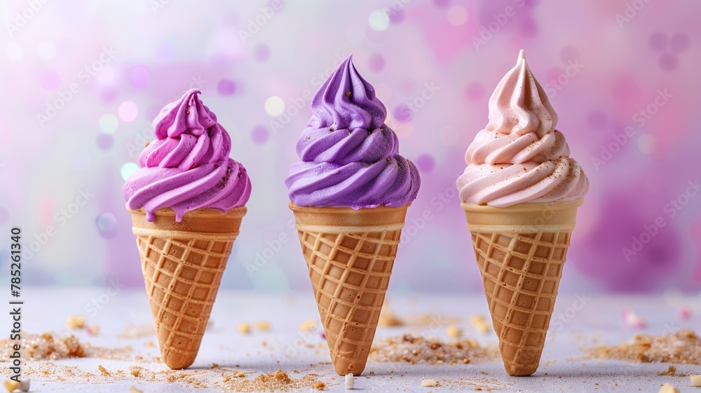Three colorful soft serve ice creams in waffle cones with a bokeh background