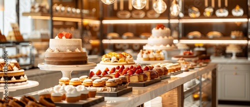 This wide shot features an array of gourmet cakes and pastries beautifully displayed on a sleek counter in a modern bakery.