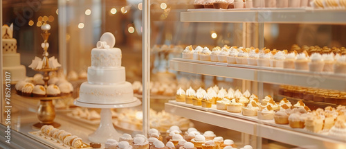 A luxurious patisserie scene with a wedding cake centerpiece surrounded by an assortment of fine desserts under a warm glow.