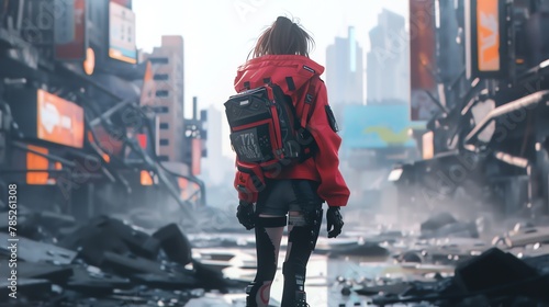 Illustrate a fashion-forward rebel in a dystopian world wearing edgy cyberpunk attire, standing defiantly in a desolate wasteland with a mix of pixel art and CG 3D rendering
