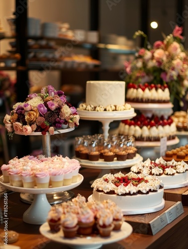 An exquisite patisserie showcase filled with an assortment of cakes and cupcakes, accented by a stunning floral arrangement.