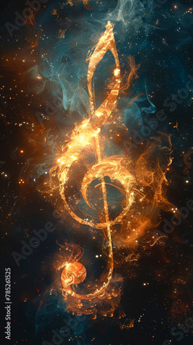 Glowing musical treble clef on a cosmic dark background.