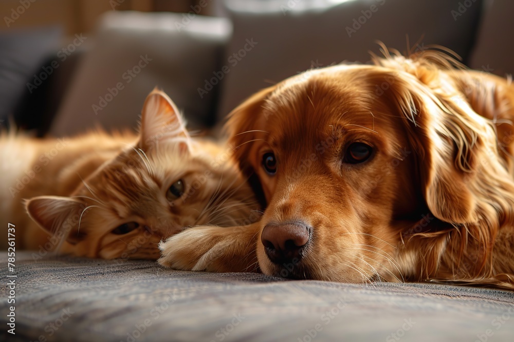 A cat and a dog sleep together. The kitten and the dog are dozing. Pets. Caring for animals. A cute cat and dog are lying on their favorite gray sofa. Love and friendship. Pets. Place for text. Banner A cat and a dog sleep together. The kitten and the dog are dozing. Pets. Caring for animals. A cute cat and dog are lying on their favorite gray sofa. Love and friendship. Pets. Place for text. Banner