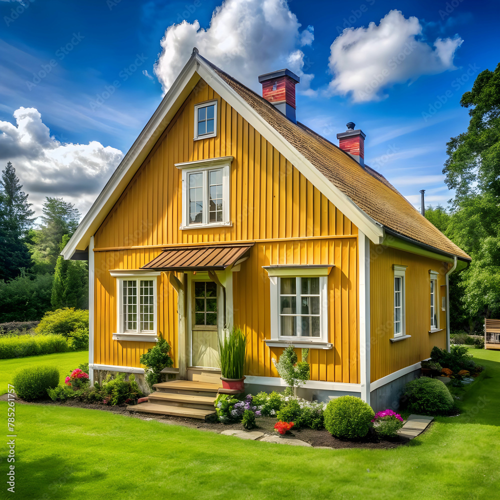 charming yellow house with wooden windows and green