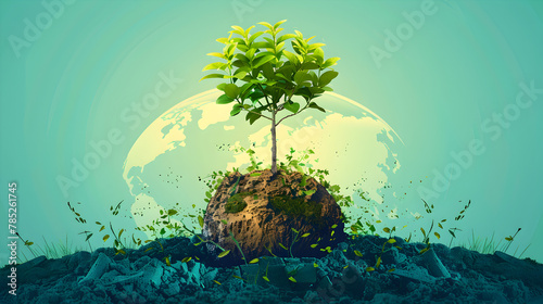Conceptual image of a young tree growing on a floating earth with a global background