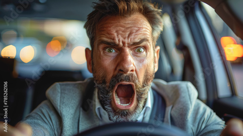 Furious elderly man gesticulates with hand while driving. photo