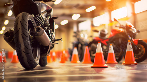 Education style, motorcycle training course, cones and markers, wide composition, indoor lighting, copy space on the right photo