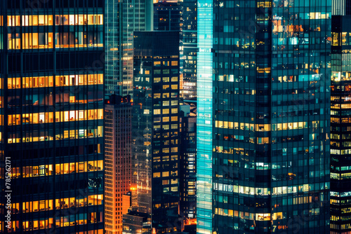 A closeup of skyscrapers in a city during nighttime using a telephoto lens