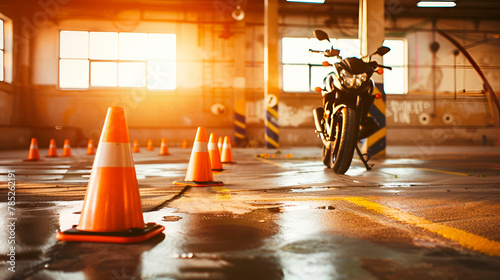 Education style, motorcycle training course, cones and markers, wide composition, indoor lighting, copy space on the right photo