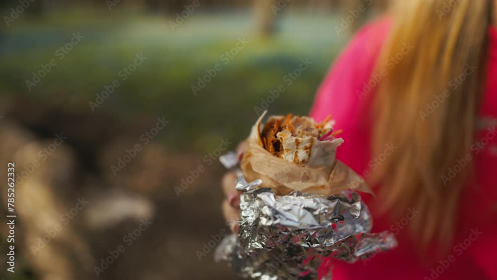 Showcase the joy of outdoor dining as a cute woman in pink savors a kebab wrap or burrito in the park Showcase the joy of outdoor dining as a cute woman in pink savors a kebab wrap or burrito in the park