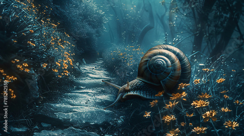 An enormous snail around the corner of a mystic forest