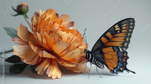   A butterfly atop a flower, surrounded by orange and yellow petals next to a stem, against a white background