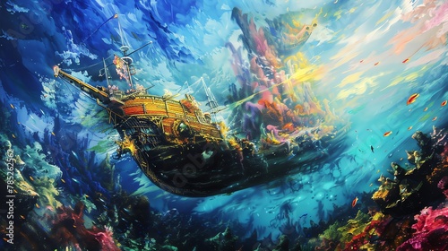 Incorporate a ship with fantastical elements, painted in vivid acrylic colors, viewed from an upside-down angle to showcase a surreal underwater world