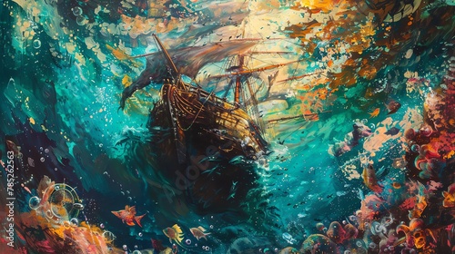 Incorporate a ship with fantastical elements, painted in vivid acrylic colors, viewed from an upside-down angle to showcase a surreal underwater world