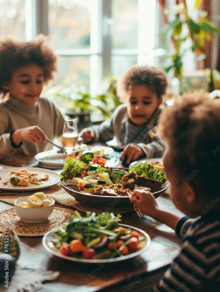 Children engage in healthy eating, joyfully interacting with vibrant salads on a bright and homey kitchen table during a sunny day.