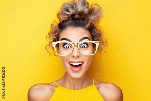woman looking empty blank frame social media concept expression open mouth excited wearing sunglasses face portrait copy space photo background design happy