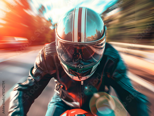 Portrait style, motorcyclist with helmet, blurred bike in background, off-center composition, natural light
