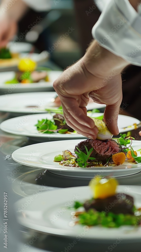 In a dynamic kitchen environment, a chef with expert precision garnishes a plate of food, hinting at a bustling culinary setting.