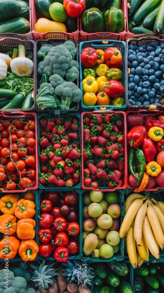 An array of market fresh vegetables and fruits meticulously organized in boxes, offering a feast of colors and nutrients.