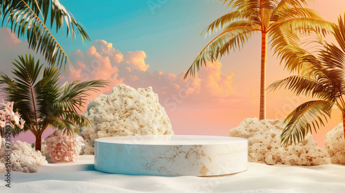 Stylized tropical beach scene with palm trees, coral formations and a round platform photo