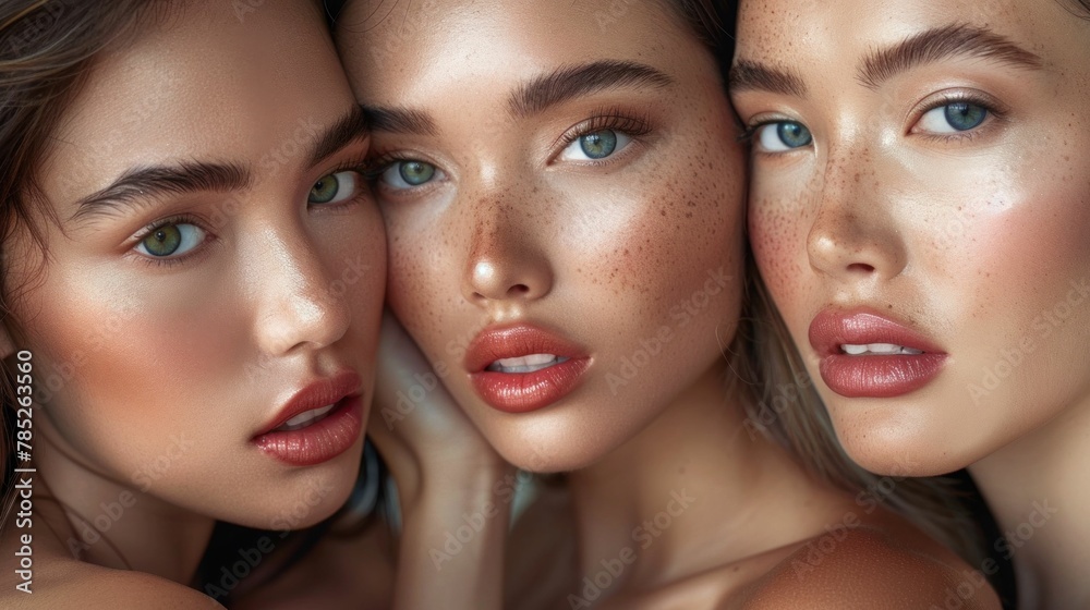Three young women showcasing natural beauty with freckles on their faces in a closeup portrait Three young women showcasing natural beauty with freckles on their faces in a closeup portrait