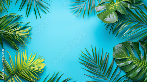 Tropical palm leaves with a vivid blue background for a fresh, summery vibe. photo
