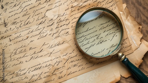 Magnific glass on paper text background photo