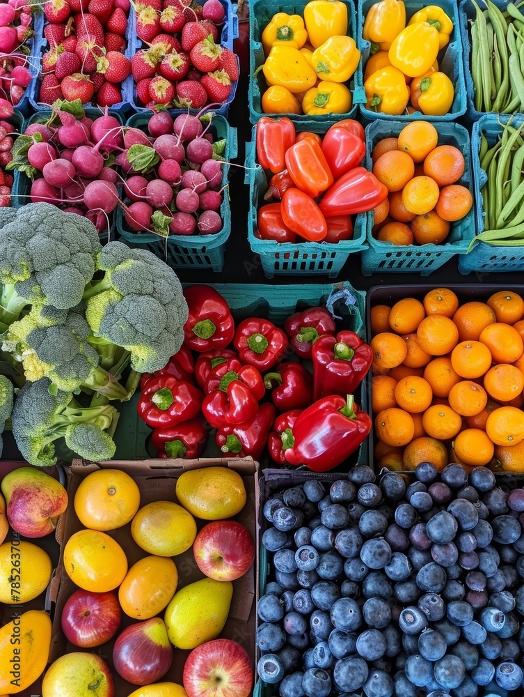 A market display of various vegetables and fruits, such as bell peppers, oranges, and blueberries. A market display of various vegetables and fruits, such as bell peppers, oranges, and blueberries.