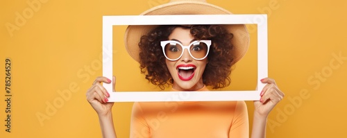 woman looking empty blank frame social media concept expression open mouth excited wearing sunglasses face portrait copy space photo background design happy photo