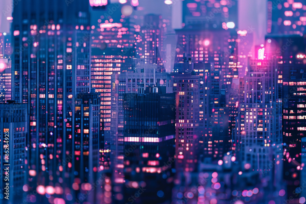 A closeup of skyscrapers in a city during nighttime using a telephoto lens A closeup of skyscrapers in a city during nighttime using a telephoto lens