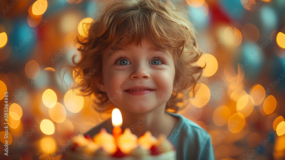 Little happy child celebrating a birthday party with a cake full of candles Little happy child celebrating a birthday party with a cake full of candles