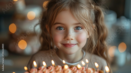 Little happy child celebrating a birthday party with a cake full of candles 