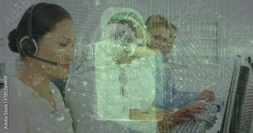 Image of data processing with padlock icon over diverse business people in office photo