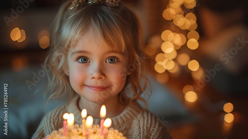 Little happy child celebrating a birthday party with a cake full of candles  © nanihta