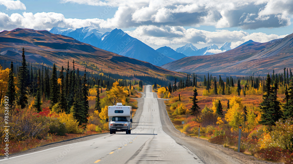 An RV on a deserted road in a colorful autumn landscape