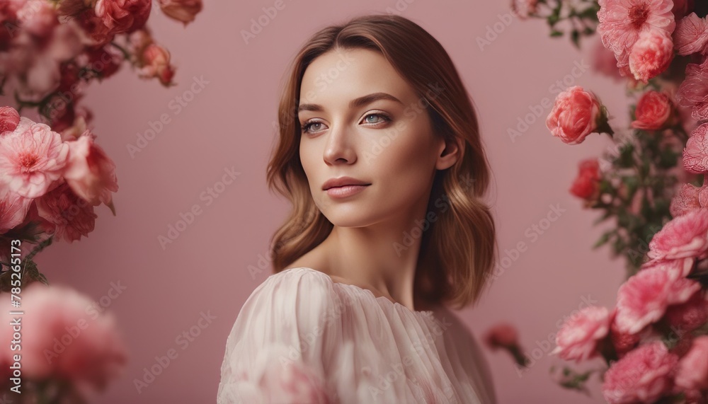 Feminine Elegance A Beautiful Caucasian Woman Posing in a Studio with a Background of Lovely Pink