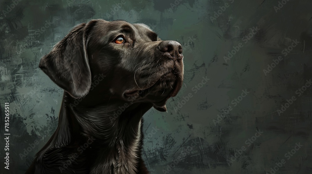 A loyal Labrador Retriever stands proudly in the center of a dark green and light gray abstract background, creating a harmonious and visually appealing composition.