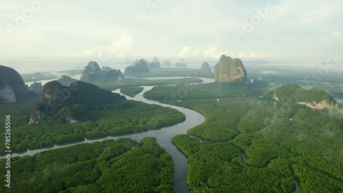 Experience the serene beauty of southern Thailand's mangrove at sunrise in stunning drone footage.