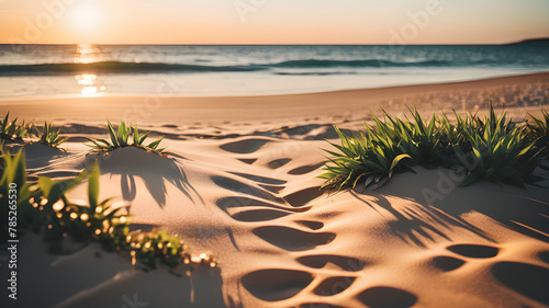 Golden Beach Horizon: A tranquil tropical beach scene with palm trees, golden sands, and a serene sunset over the ocean © pla2u