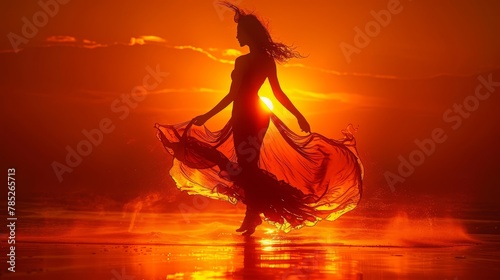   A woman in a lengthy gown stands on a beach as sunset unfolds, sun illuminating her back while wind tousles her hair photo
