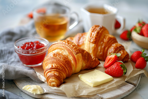 Breakfast with croissants and tea on a wooden table