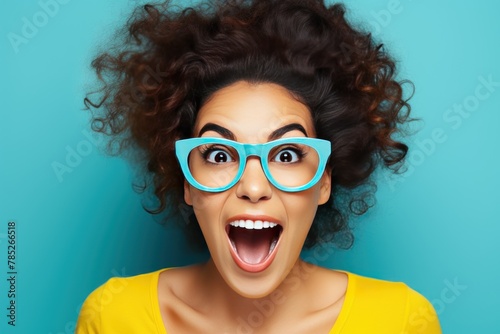 woman looking empty blank frame social media concept expression open mouth excited wearing sunglasses face portrait copy space photo background design happy © GalleryGlider