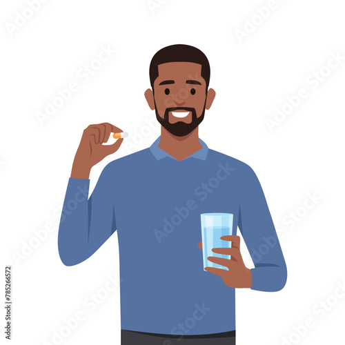 Young man standing and holding glass of water and pill capsule painkiller or vitamin medication in hands. Flat vector illustration isolated on white background